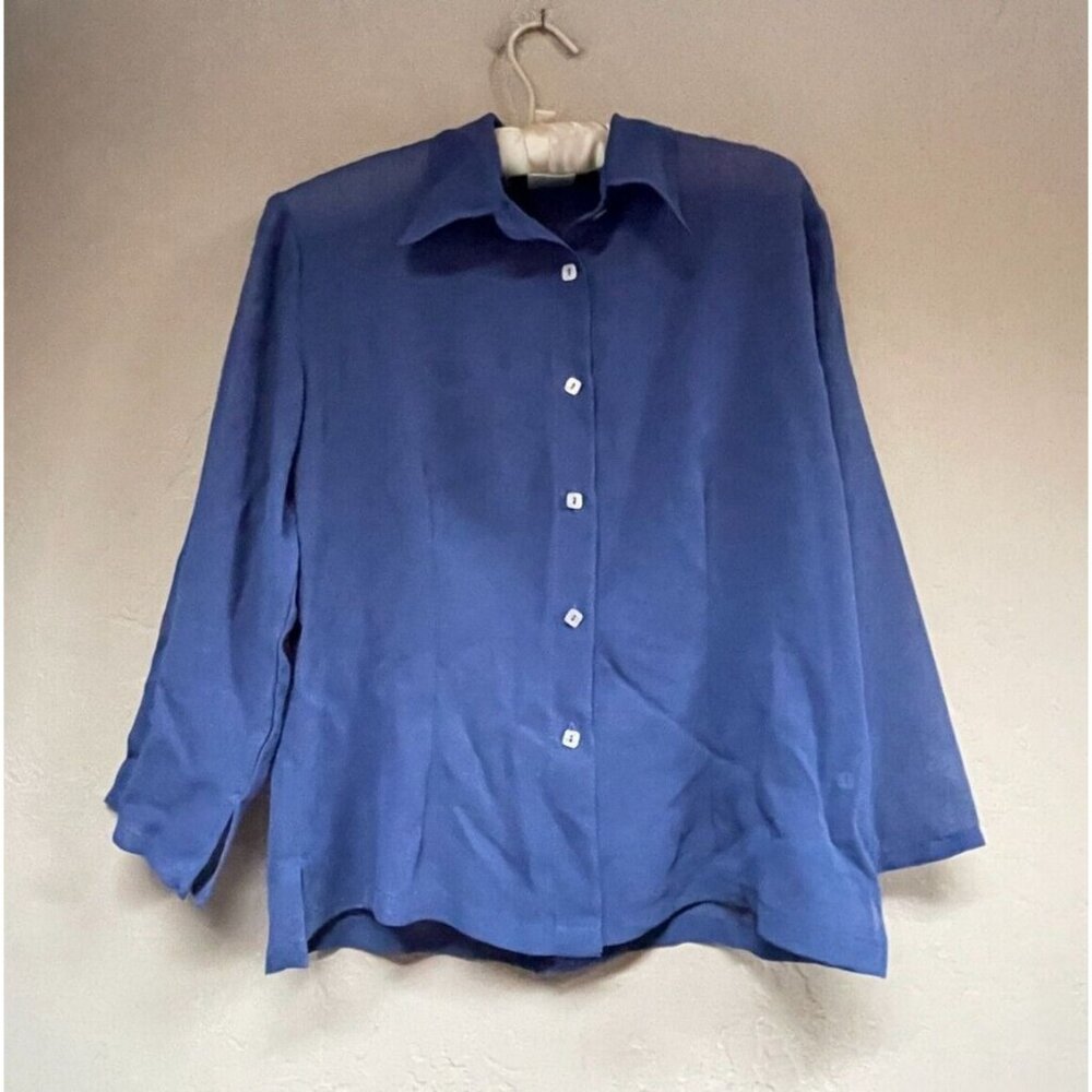 Loco Lindo Women's Small Blue Button-Up Long Sleeve Chiffon Shirt Blouse